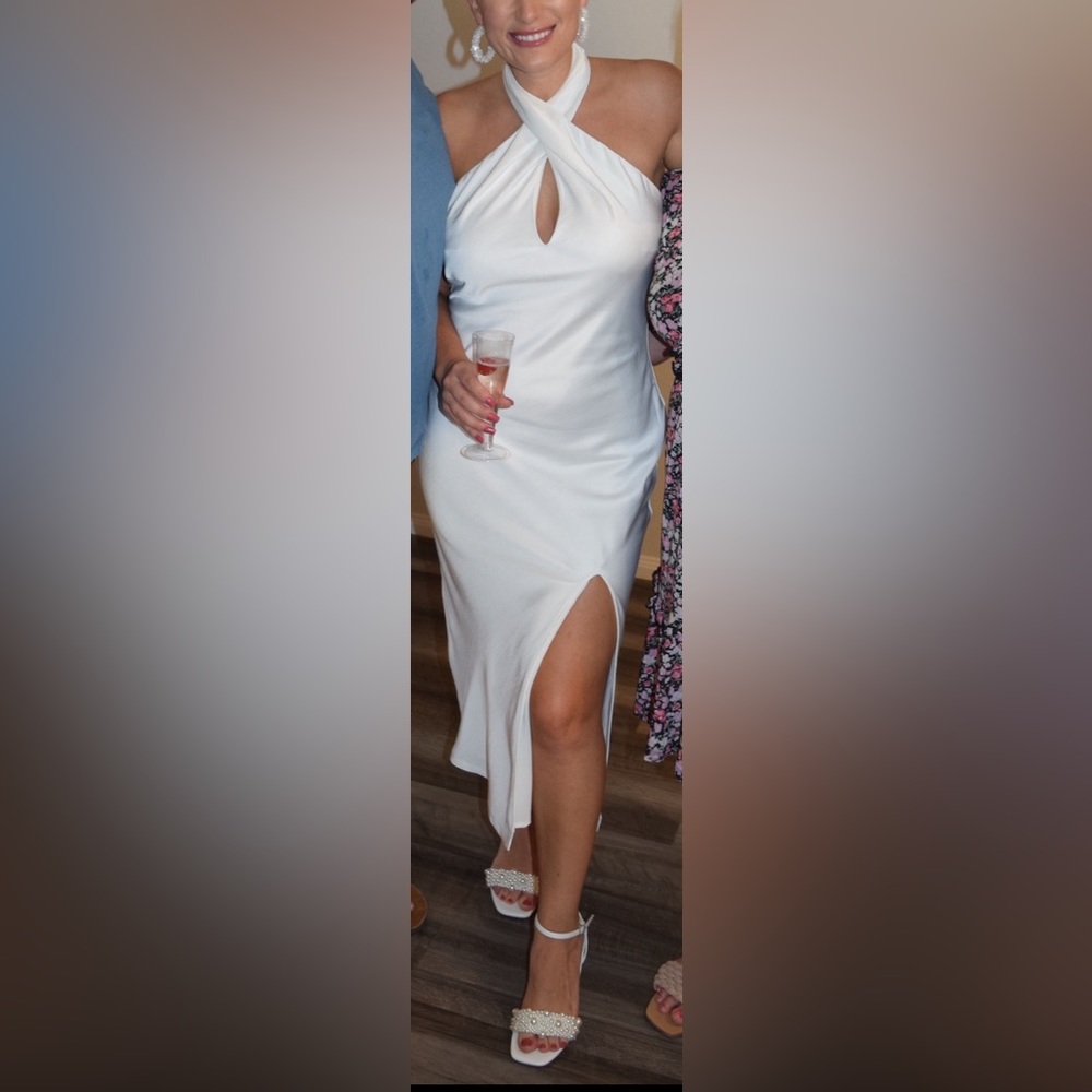 Lulu’s White Satin Halter Midi Dress